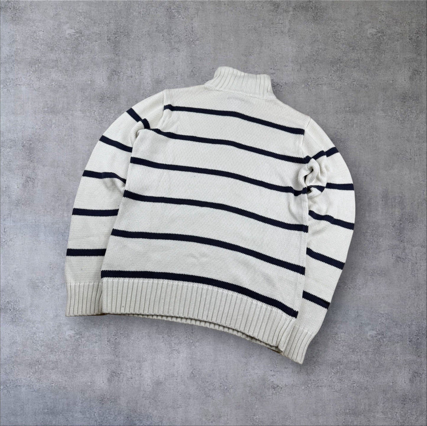 Ralph Lauren Quarter-Zip Sweater – Weiß/Blau – Herren S / Damen M – Weich