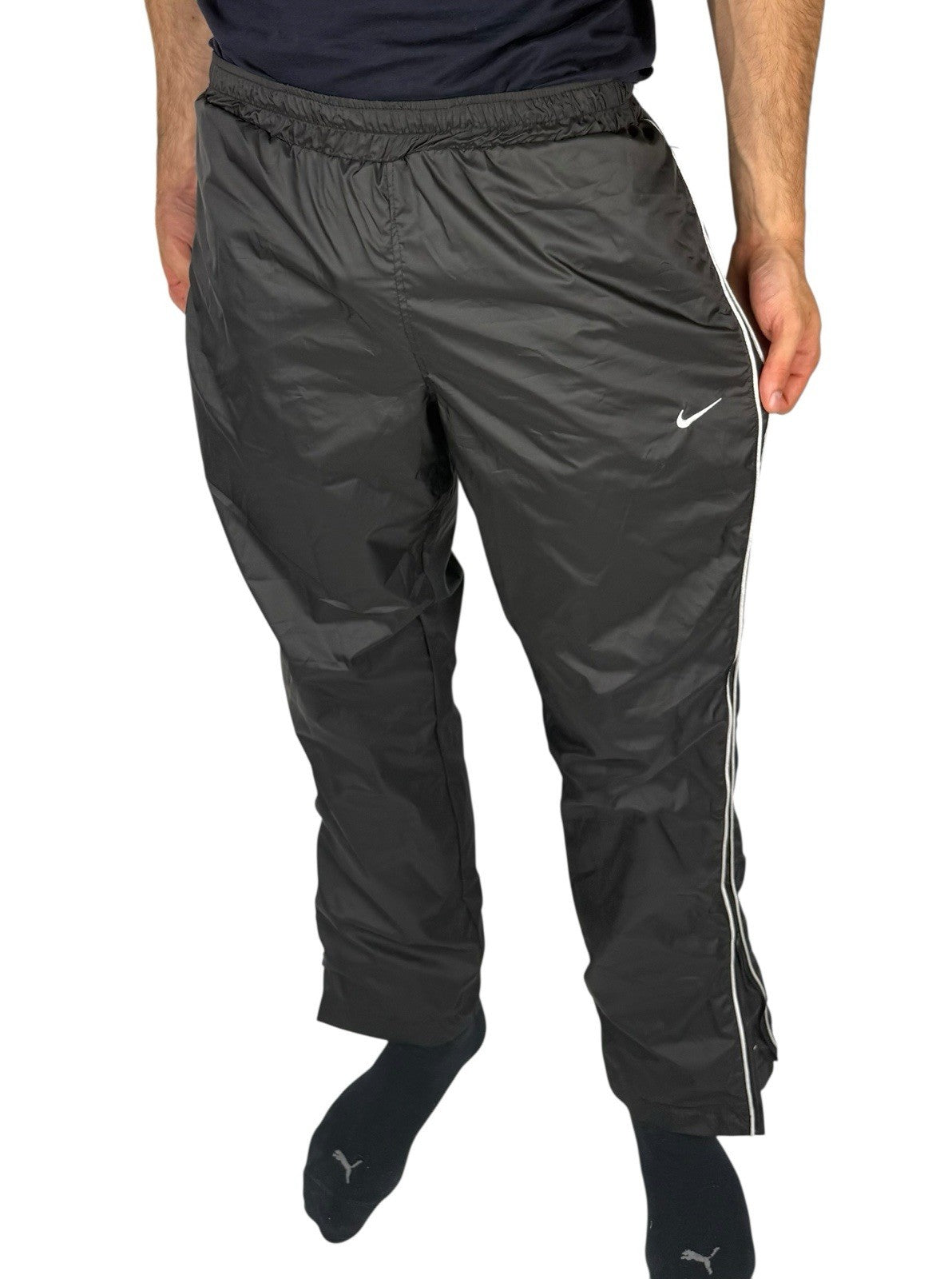 Nike Track Pants – Schwarz, Nylon Open-Leg, Herren M, Vintage Look