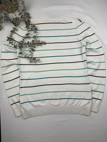 Lacoste – V-Neck Strickpullover – Weiß/Blau gestreift – Größe S (EU 36/38)