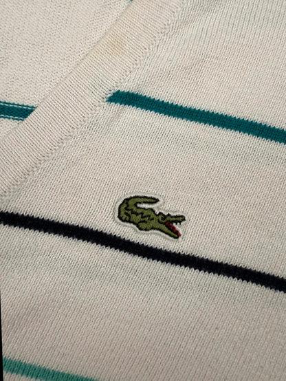 Lacoste – V-Neck Strickpullover – Weiß/Blau gestreift – Größe S (EU 36/38)