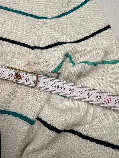 Lacoste – V-Neck Strickpullover – Weiß/Blau gestreift – Größe S (EU 36/38)