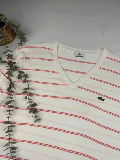 Lacoste – Feinstrick Pullover – Weiß/Rot gestreift – V-Ausschnitt – Größe L (FR 5)