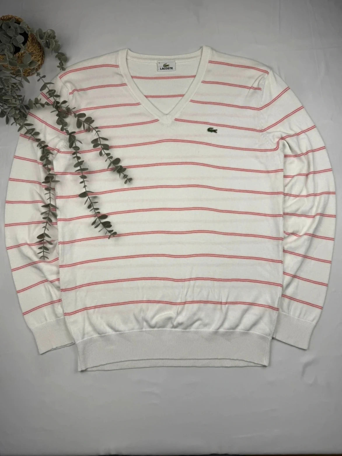 Lacoste – Feinstrick Pullover – Weiß/Rot gestreift – V-Ausschnitt – Größe L (FR 5)