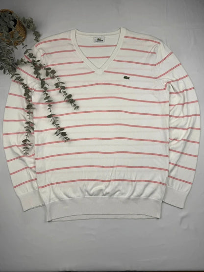 Lacoste – Feinstrick Pullover – Weiß/Rot gestreift – V-Ausschnitt – Größe L (FR 5)
