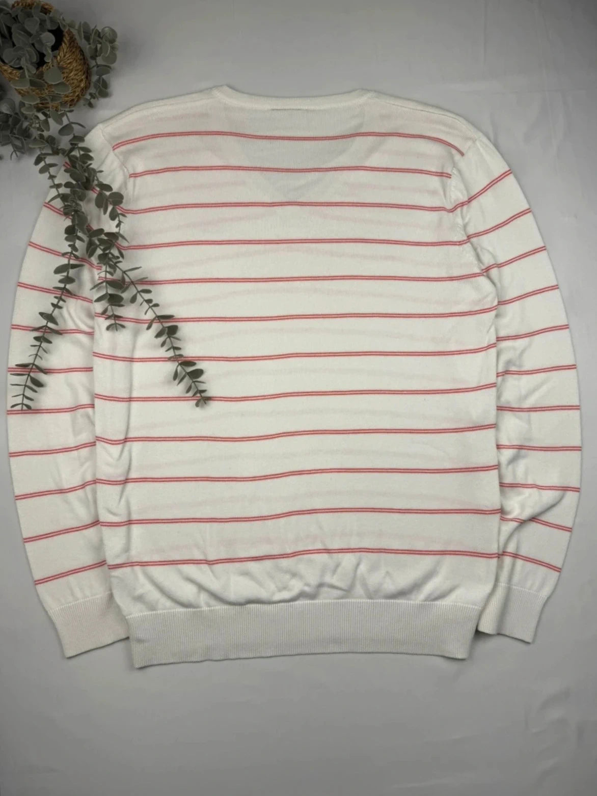 Lacoste – Feinstrick Pullover – Weiß/Rot gestreift – V-Ausschnitt – Größe L (FR 5)