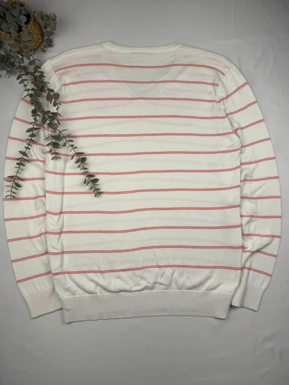 Lacoste – Feinstrick Pullover – Weiß/Rot gestreift – V-Ausschnitt – Größe L (FR 5)