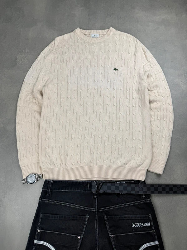 Lacoste Cable Knit Sweater – Weiß Beige – Slim Fit – Größe L