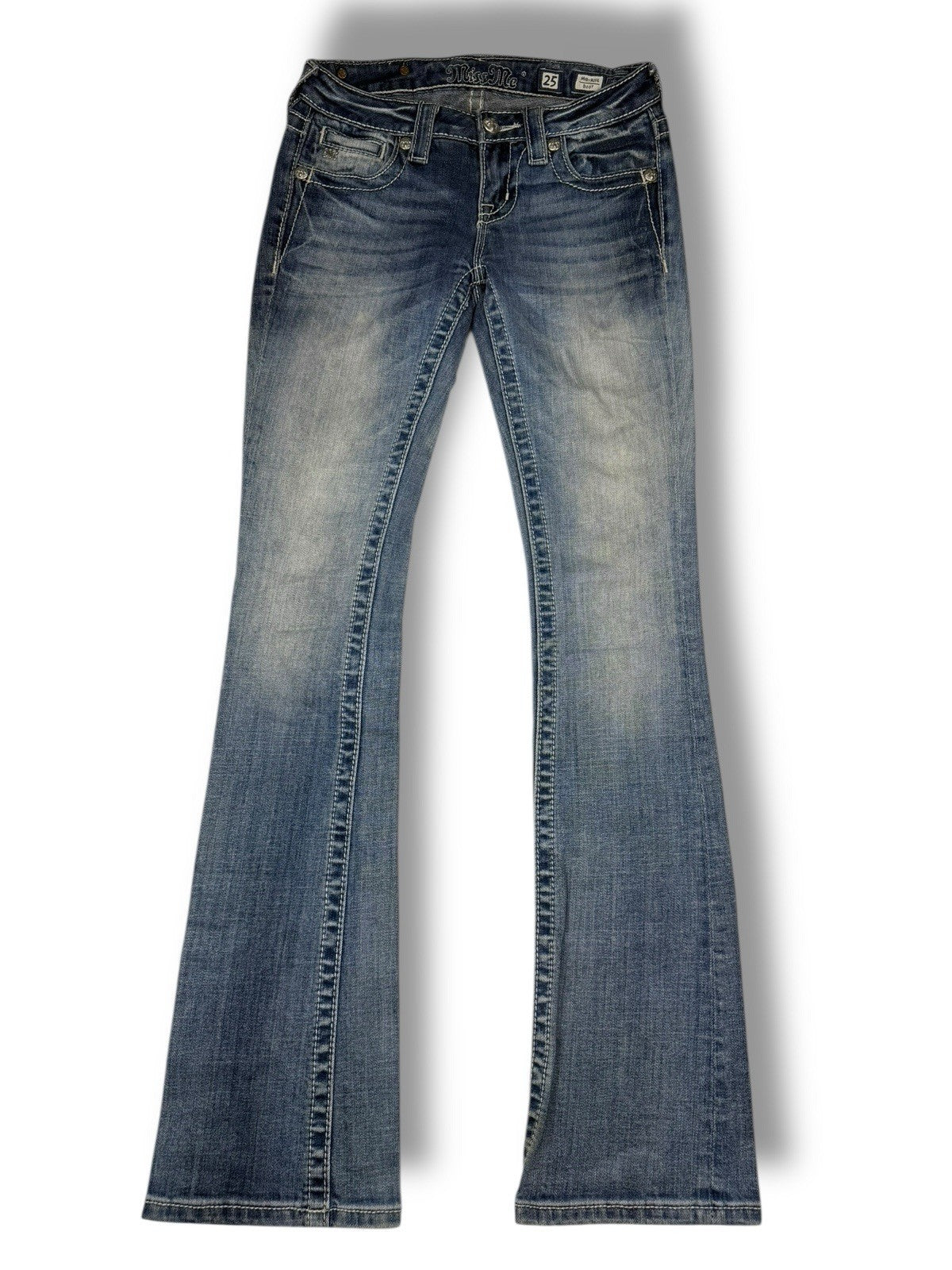 Miss Me Jeans – Hellblau – Größe 28 – Flared Bootcut – Engelsflügel Backpockets