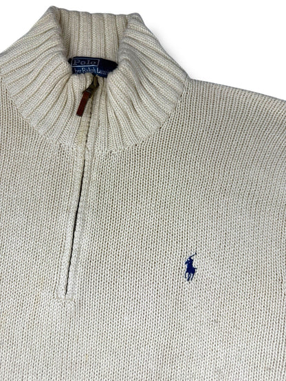 Ralph Lauren Quarter Zip – Weiß-Beige – Größe 2XL – Heavyweight Cotton
