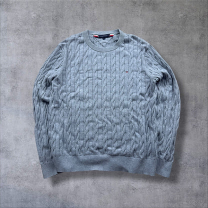 Tommy Hilfiger Strickpullover – Grau – Zopfmuster – Herren L – Slim Fit