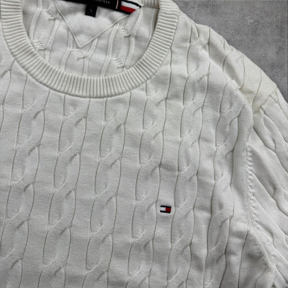 Tommy Hilfiger Strickpullover – Weiß – Zopfmuster – Herren L – Slim Fit