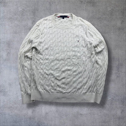 Tommy Hilfiger Strickpullover – Weiß – Zopfmuster – Herren L – Slim Fit