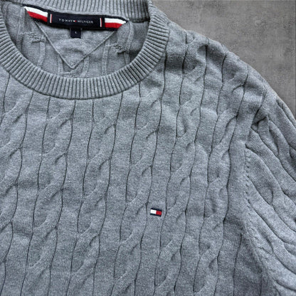 Tommy Hilfiger Strickpullover – Grau – Zopfmuster – Herren L – Slim Fit