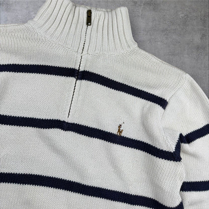 Ralph Lauren Quarter-Zip Sweater – Weiß/Blau – Herren S / Damen M – Weich