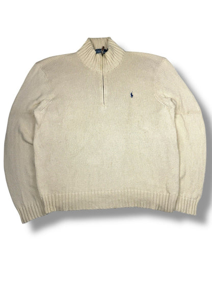 Ralph Lauren Quarter Zip – Weiß-Beige – Größe 2XL – Heavyweight Cotton