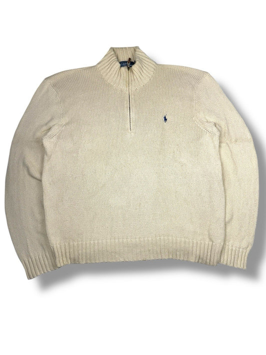 Ralph Lauren Quarter Zip – Weiß-Beige – Größe 2XL – Heavyweight Cotton