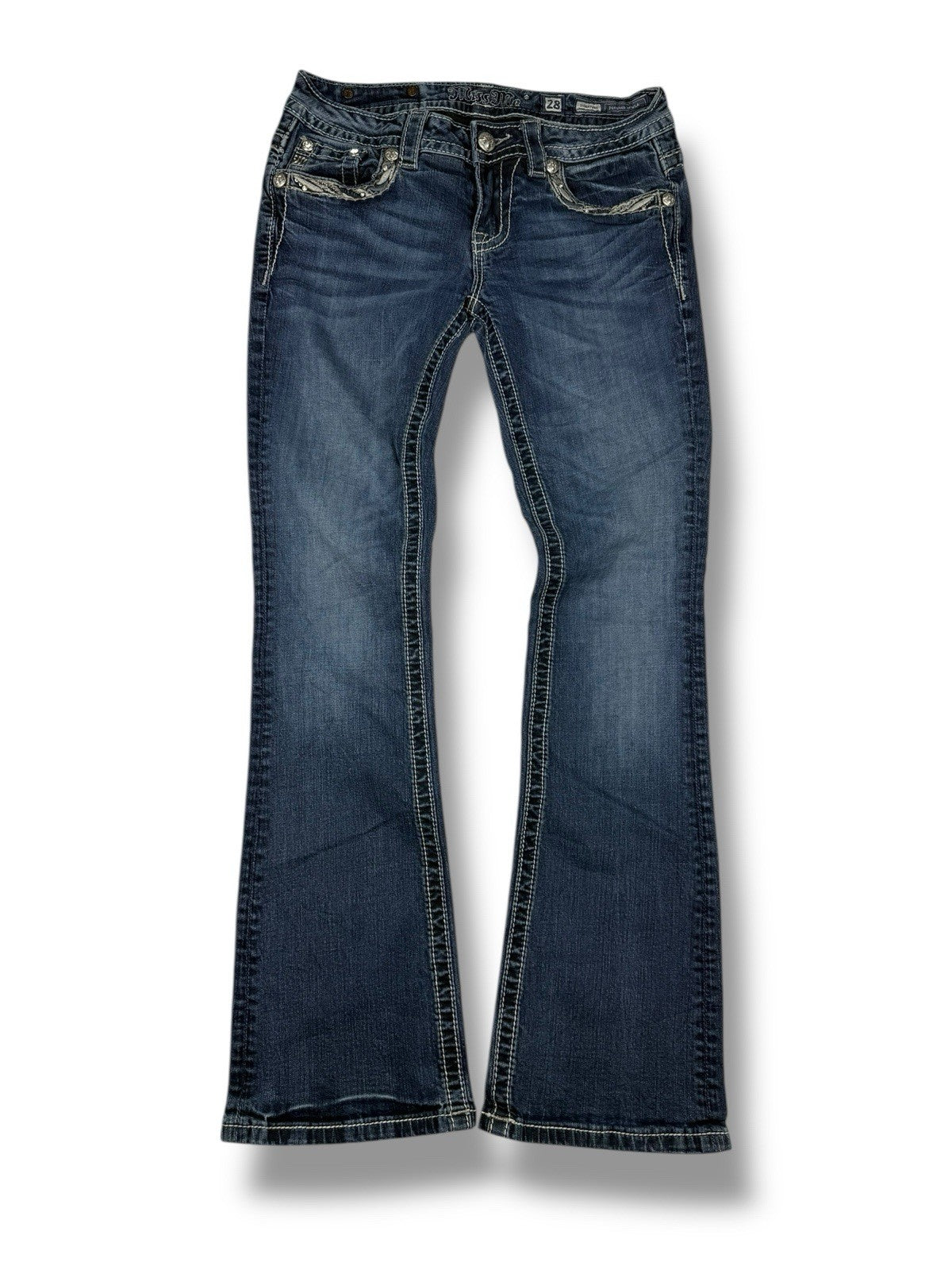 Miss Me Jeans – Dunkelblau – Größe 28 – Flared Bootcut – Signature Backpockets