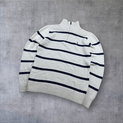 Ralph Lauren Quarter-Zip Sweater – Weiß/Blau – Herren S / Damen M – Weich