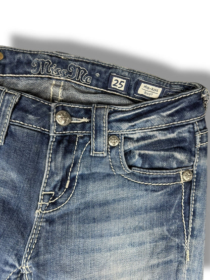 Miss Me Jeans – Hellblau – Größe 28 – Flared Bootcut – Engelsflügel Backpockets